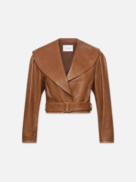 Cropped Belted Leather Jacket in Camel