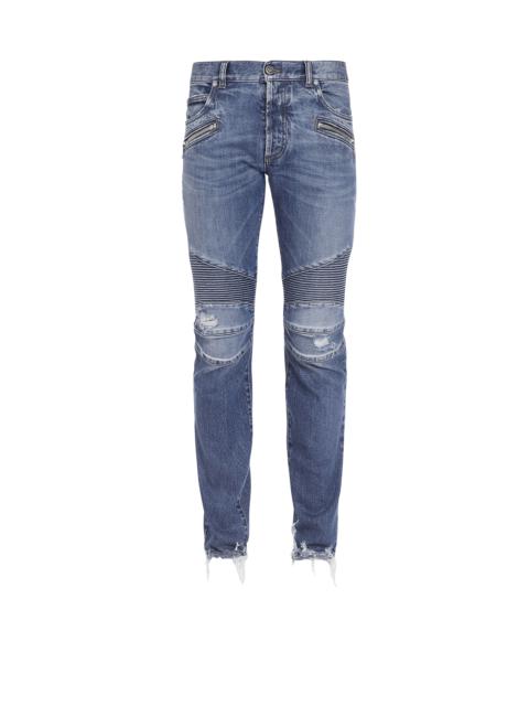 Tapered ripped blue cotton jeans