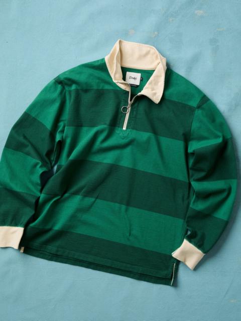 Drake's Green Block Stripe Cotton Quarter Zip Rugby Shirt