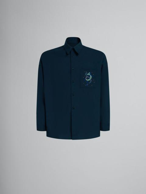 DEEP BLUE WOOL SHIRT WITH EMBROIDERED DRAGON