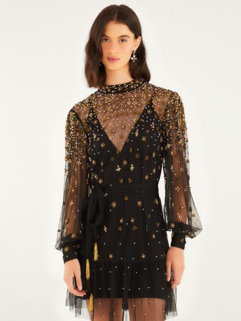 Black Embroidered Tulle Belted Long Sleeve Mini Dress