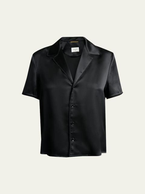 SAINT LAURENT Lace-Trim Short-Sleeve Silk Pajama Shirt