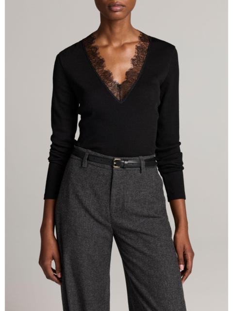 Vince Lace-Trim Ribbed Long-Sleeve V-Neck Top