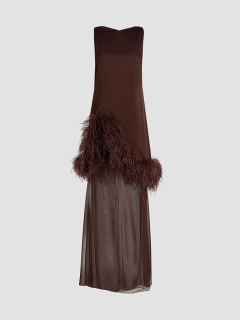 LAPOINTE Women's Satin Feather-Trim Sleeveless Shift Dress - Chocolate