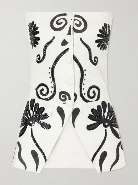 CALA de la CRUZ Milos Strapless Sequin-embellished Floral-print Linen Top