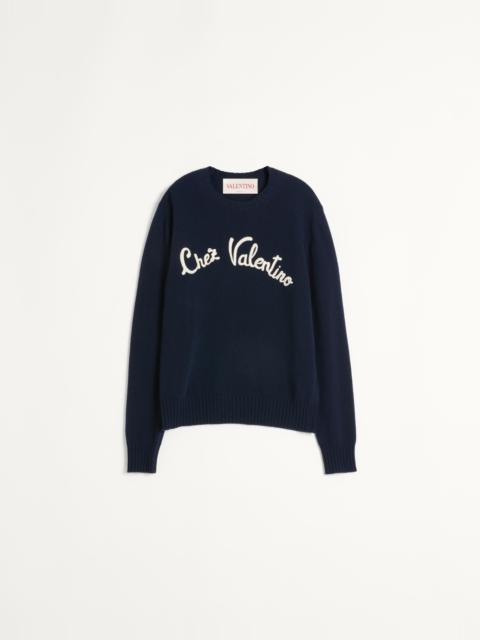 Valentino WOOL CREWNECK SWEATER WITH CHEZ VALENTINO EMBROIDERY