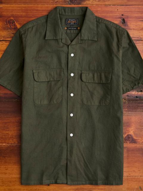 BEAMS PLUS Panama Cloth Open Collar Shirt in Olive