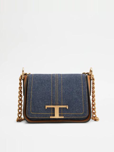 Tod's TIMELESS CROSSBODY BAG IN LEATHER AND DENIM - BROWN, BLUE