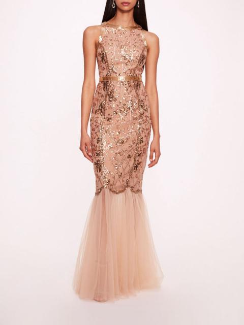 Marchesa SEQUIN LATTICE STRAPLESS GOWN
