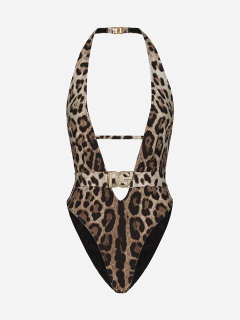 Leopard-print one-piece swimsuit with belt