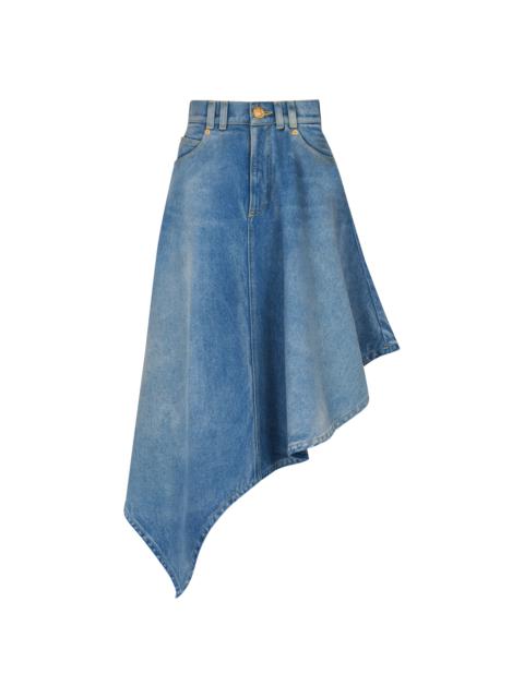 Pleated asymmetric denim skirt