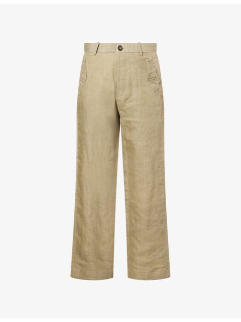 KARTIK RESEARCH Bead-Embellished Straight-Leg Linen Trousers