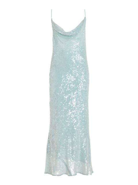 Draped Sequined Crepe Midi Dress light blue