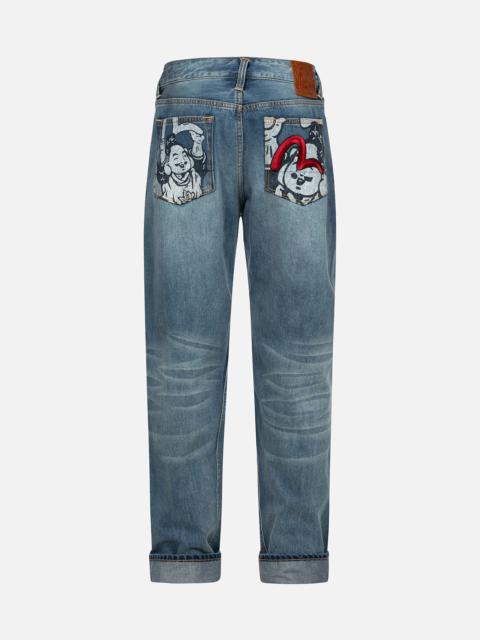 EVISU PLAYFUL GODHEAD PRINT AND SEAGULL EMBROIDERY 3D FIT JEANS