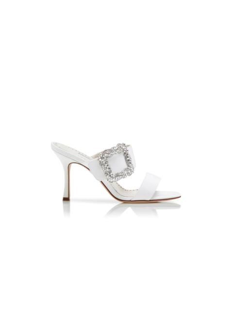 Manolo Blahnik White Crepe de Chine Jewel Buckle Mules