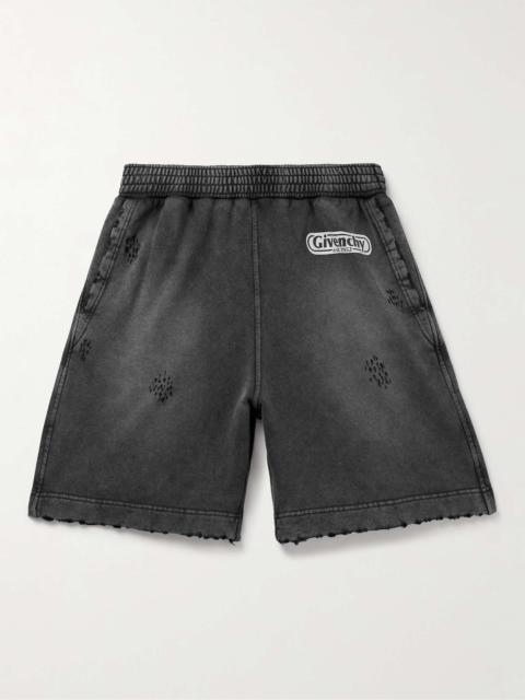 Straight-Leg Distressed Logo-Print Cotton-Jersey Shorts