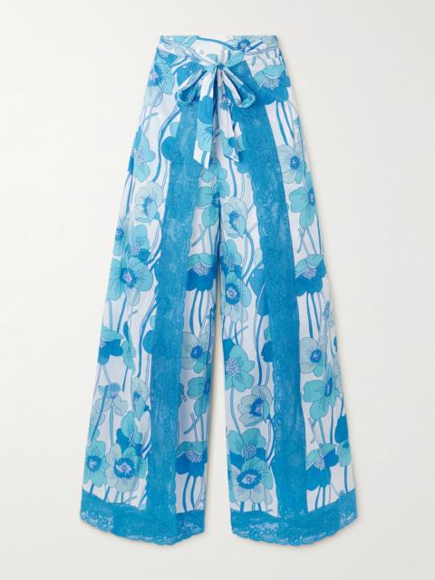 LORETTA CAPONI Alexis Layered Lace-trimmed Floral-print Cotton-voile Wide-leg Pants