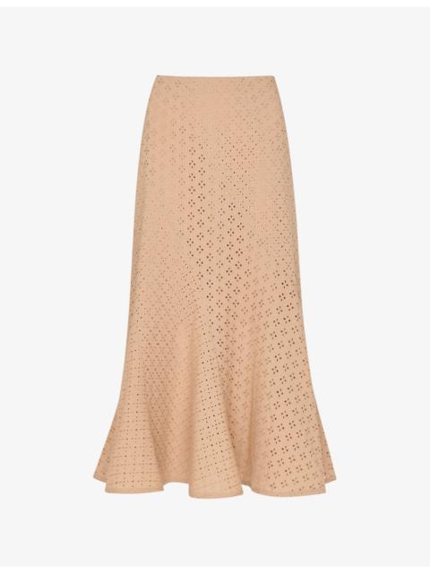 WHISTLES Broderie Fluted-Hem Regular-Fit Cotton Midi Skirt