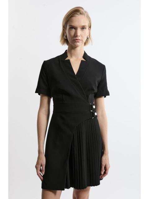 KAREN MILLEN Tailored Crepe Military Pleat Notch Neck Wrap Mini Dress