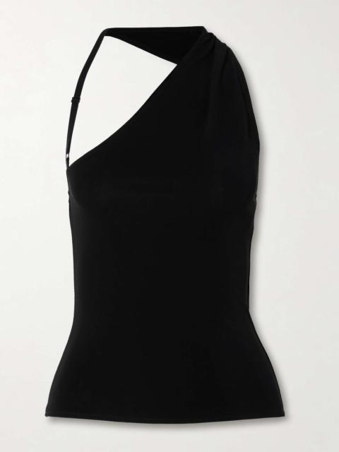 Asymmetric cutout stretch-crepe tank