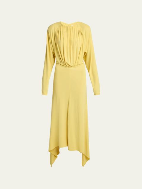 Gathered Long-Sleeve Midi Handkerchief Dress
