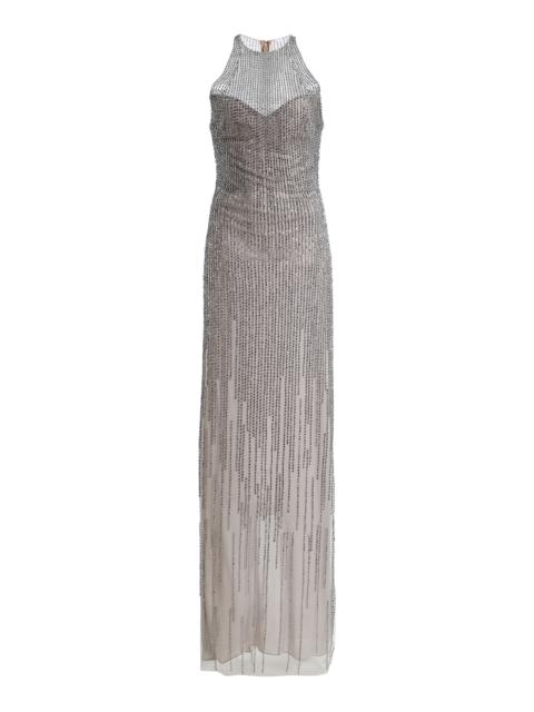 Monique Lhuillier Halter Embroidered Gown silver