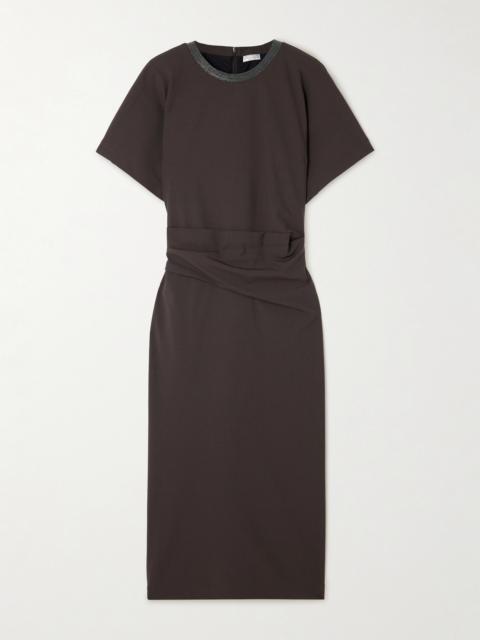 Brunello Cucinelli Embellished Draped Virgin Wool-blend Midi Dress