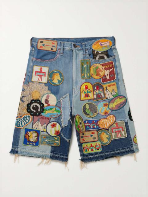 Kapital Straight-Leg Appliquéd Patchwork Denim Shorts