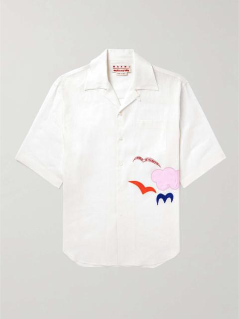 Marni + No Vacancy Inn Convertible-Collar Appliquéd Linen-Blend Shirt