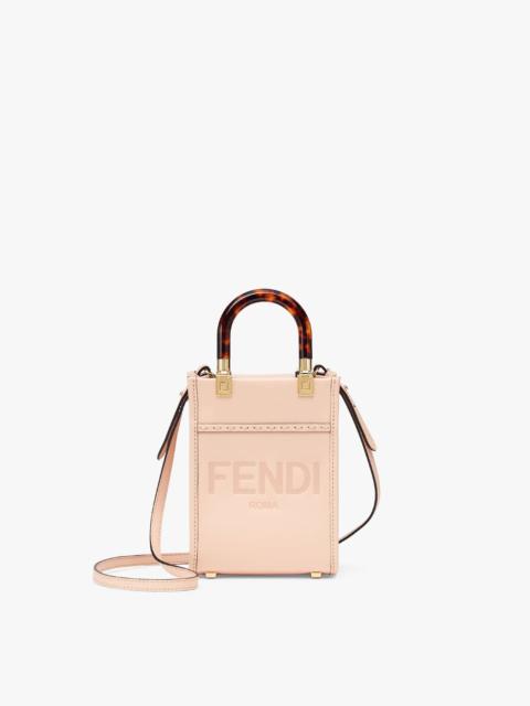 FENDI Mini Sunshine Shopper bag in pale pink leather with hot-stamped FENDI ROMA print and tortoiseshell-e