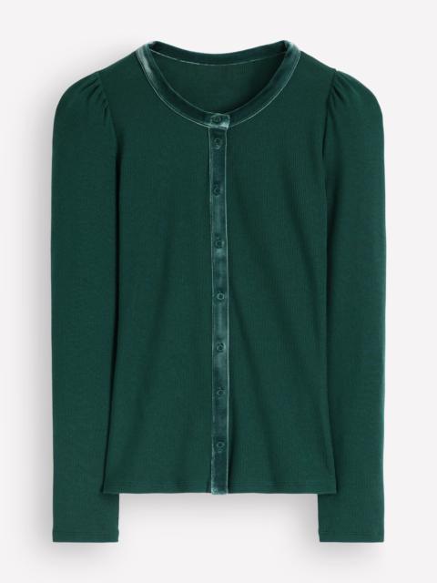 BODEN Velvet Trim Ribbed Cardigan-Green Pine