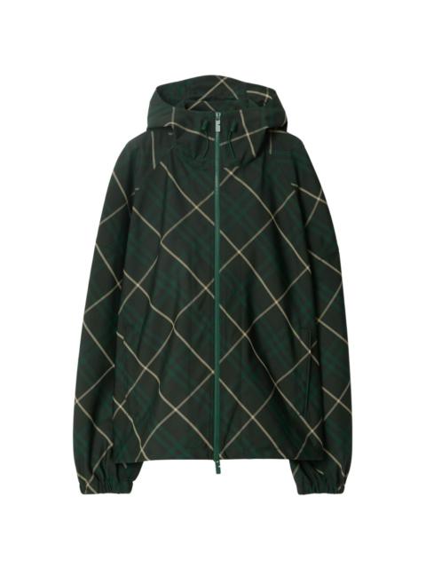 hooded check-print twill jacket