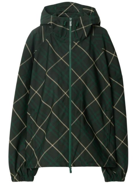 hooded check-print twill jacket