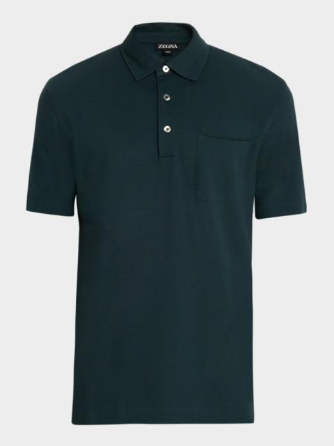ZEGNA Men's Pique Polo Shirt with Leather-Trim Pocket