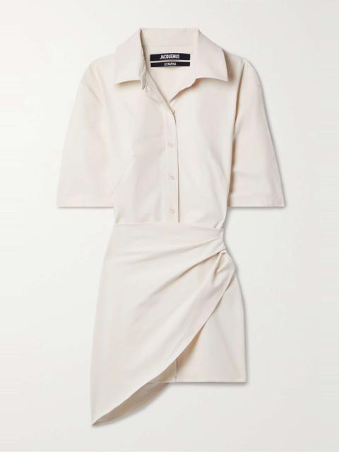 Cutout draped stretch-twill mini shirt dress