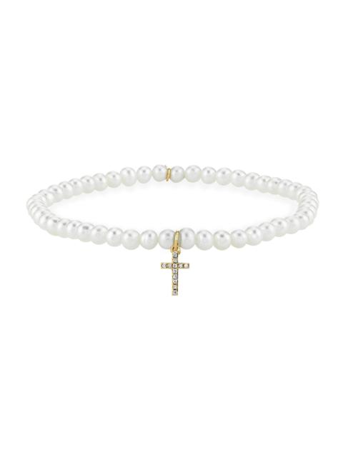 SYDNEY EVAN Women's 14K Yellow Gold, 0.06 TCW Diamond & Pearl Bead Stretch Bracelet - White