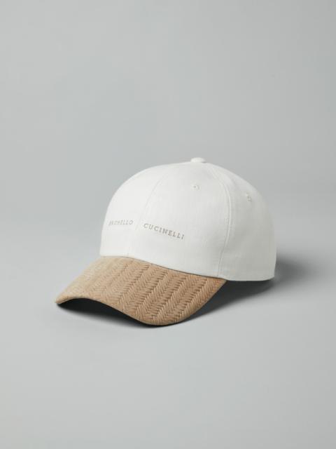 Denim-effect linen and suede baseball cap with embroidery