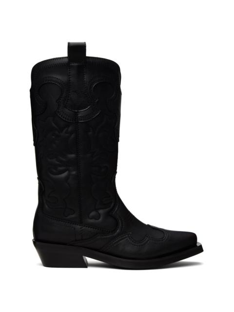 GANNI Black Mid Shaft Embroidered Western Boots