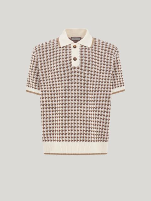 Canali BEIGE SHORT-SLEEVED LINEN AND SILK JACQUARD POLO SHIRT WITH HOUNDSTOOTH PATTERN