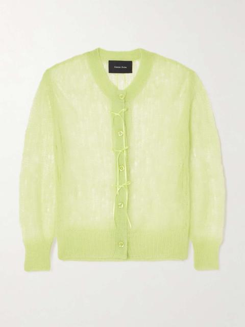 Simone Rocha Cropped bow-embellished open-knit mohair-blend cardigan Light green