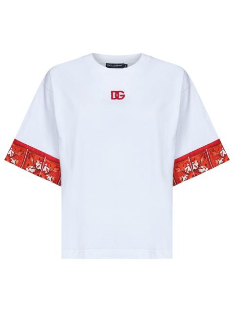 Dolce & Gabbana White jersey T-shirt with Maiolica-print scarf
