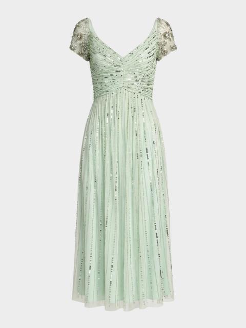 MAC DUGGAL Ruched Bead and Sequin Mesh Midi Dress