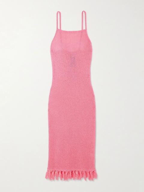 The Elder Statesman Fringed open-knit cotton midi dress Pink