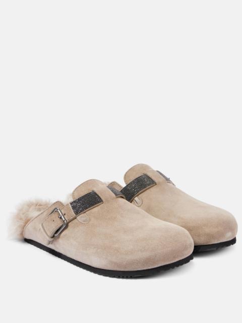 Brunello Cucinelli Beaded shearling-lined suede clogs