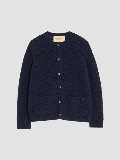 Valentino Men's Wool and Cashmere Cardigan with Metallic V Detail - Navy