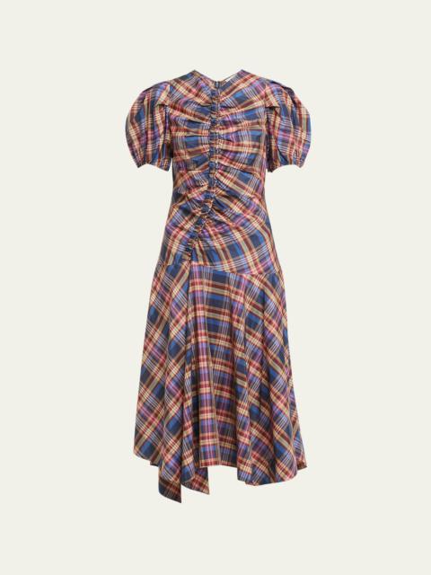 Heleen Puff-Sleeve Silk Cotton Plaid Midi Dress