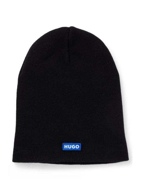HUGO COTTON-KNIT BEANIE WITH BLUE LOGO LABEL