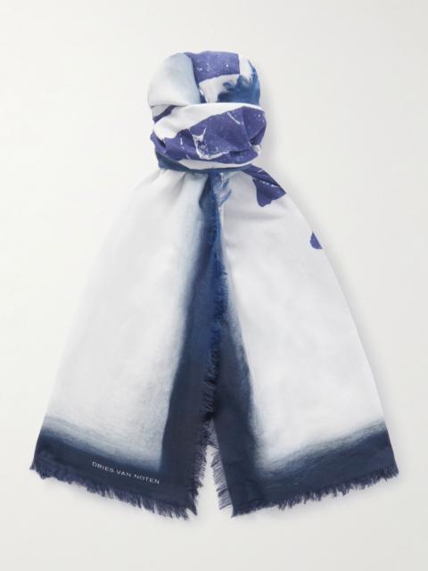 Dries Van Noten Fringed Printed Cotton-Voile Scarf Navy