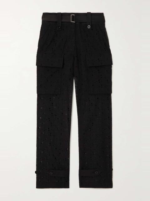 Sacai belted cotton-blend broderie anglaise straight-leg pants