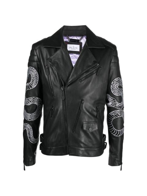 snake-print biker jacket